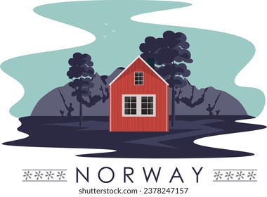 Ilustración vectorial. Noruega, Lofoten. Elemento de diseño, vector aislado, pegatina.