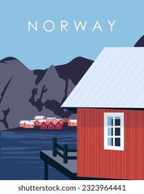 Vector illustration. Norway, Lofoten, poster, banner, travel postcard