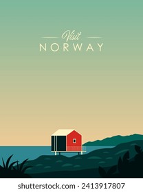 Vector illustration. Norway, Lofoten. Poster design, vertical banner, postcard. Cartoon style, minimalism. Travel, tourism.