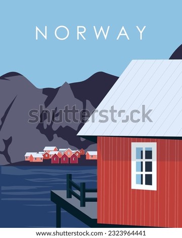 Vector illustration. Norway, Lofoten, poster, banner, travel postcard