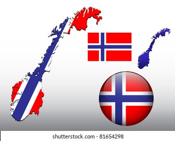 Vector illustration of Norway map and glossy ball with flag pattern