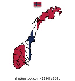 Vector illustration of Norway map overlaid with the national flag, highlighting the country's geographic outline combined with its national colors.