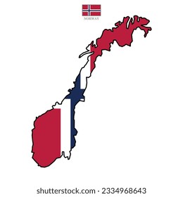 Vector illustration of Norway map overlaid with the national flag, highlighting the country's geographic outline combined with its national colors.