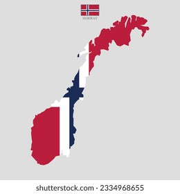 Vector illustration of Norway map overlaid with the national flag, highlighting the country's geographic outline combined with its national colors.