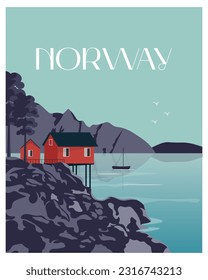 Vector illustration. Norway. Red houses. Scandinavia. Design for posters, banners, postcards. Travel poster.