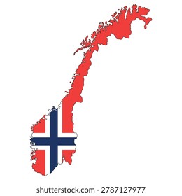Vector illustration of Norway in the shape of its national borders, filled with the Norwegian flag colors. Clean flat design featuring red background with blue cross outlined in white. Minimal geographic silhouette suitable for education, travel, and infographic use. Isolated scalable composition for digital and print projects.