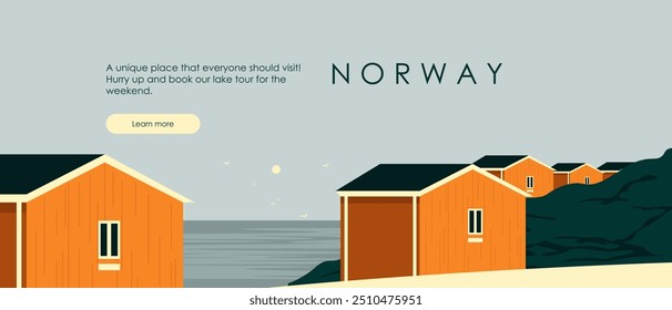 Vector illustration. Norway. Website background, horizontal banner, postcard, cover, background, packaging. Norwegian houses. Tourism.