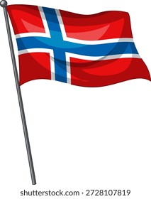 Ilustración vectorial de la bandera noruega con colores rojo, blanco y azul ondeando aislados