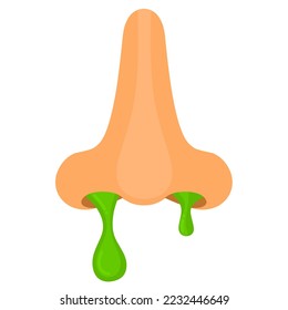 Vector illustration of a nose with flowing green snot on a white background. Flu health disorder concept, sneezing and virus attack.