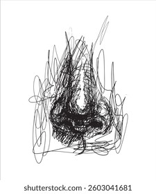 Vector illustration of nose. Ink drawn nose. Line drawing. Hand drawn. Curved lines. Chaos of lines. Ink sketch. Doodle art. Creative drawing. Chaotic process of lines.