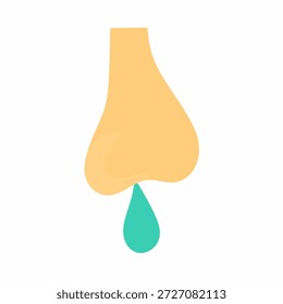Ilustración vectorial de una nariz con moco que fluye hacia fuera sobre un fondo blanco. Concepto de gripe, estornudos e infecciones virales.