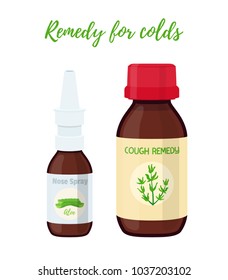 Vector illustration of nose spray, cough remedy. Medicine, pharmacy for flu, cold, illness. Container, package design. Made in cartoon flat style