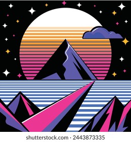 Vector illustration of nostalgia under the full moon in a retro 1990s style. This image presents a heart-fluttering feel amidst the vast backdrop of the sky, the full moon floating majestically