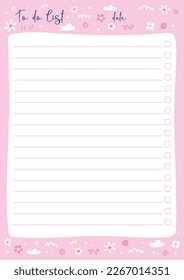 Vector illustration of note page with lines and flowers on pink background. Cute spring every day  to do list for women or girls
