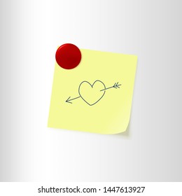 Vector illustration of note paper with Cupid's heart sign and magnet on fridge. Realistic yellow sticky note with love symbol of heart and arrow. Fully editable file for your projects. Eps 10.