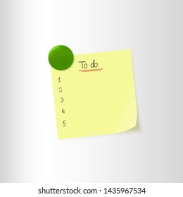 Vector illustration of note paper with 'To do' text sign and green magnet on fridge. Realistic yellow sticky note with to do list and numbering. Fully editable file for your projects. Eps 10.