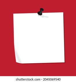 Vector illustration of note papers with black push pins on red  background, reminder, business and communication, Creative vector graphic art, push pins, sharp objects, Simple design concept.