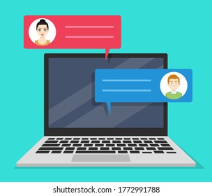 Vector illustration of notebook with chat conversation on screen.