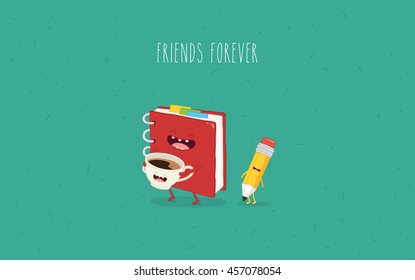 Vector illustration a notebook with coffee. Funny cartoon set. You can use in the menu, in the shop, in the bar, the card or stickers. Easy to edit.