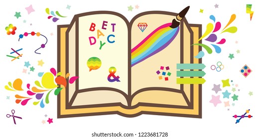 vector illustration of notebook with colorful stationary swirls and stickers for art journaling or scrapbooking visuals