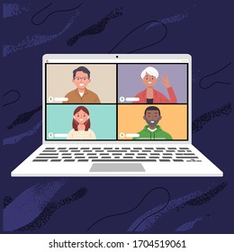 vector illustration of a notebook or laptop with the illustration of a group of people doing a video conference with an application, men and women video calls together