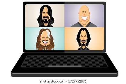 vector illustration of a notebook or laptop with the illustration of a group of people doing a video conference with an application, men and women video calls together