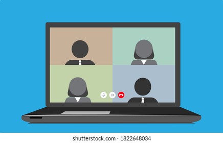 Vektorgrafik von Notebook oder Laptop, mit Illustration einer Gruppe von Menschen, die Videokonferenzen mit dem Programm durchführen, Frauen und Männer, die gemeinsam Videoanrufe tätigen