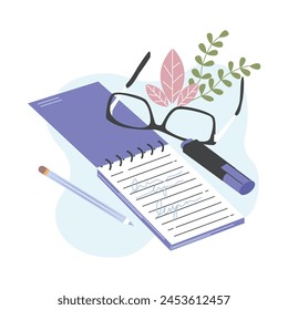 Ilustración vectorial de un cuaderno con marcadores y gafas