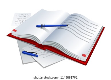 vector illustration of notebook is opened with a red cover on top of the pen