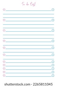 Vector illustration of notebook page. Cute to do list for the day for women or girls