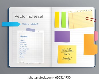 Vector illustration of a notebook page with various colored sticky paper notes in a realistic style