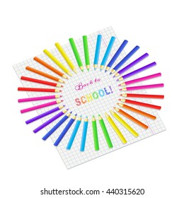 Vector illustration of notebook paper with writing Back to school and pens