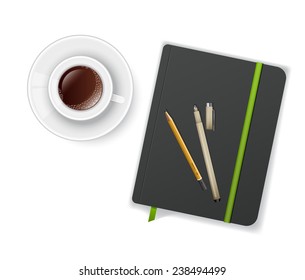 Vector illustration of Notebook with pen and cup of coffee