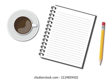Ilustración vectorial del portátil con lápiz y café