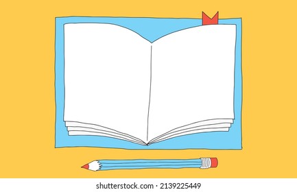 Vector illustration of notebook and pencil. open book on desk.