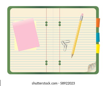 A vector illustration of a notebook with pencil, paper clips and note pads on top.