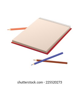 Vector illustration of notebook and pencils isolated of a white background