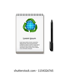Vector illustration of notebook with recycling arrows around Earth globe