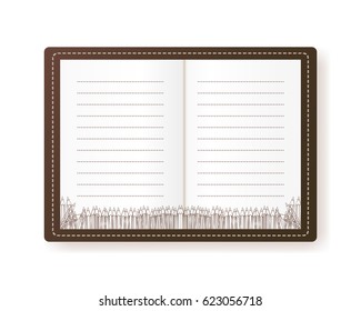 Vector illustration of notebook with set of pencils. Empty lined paper. The brown cover