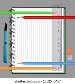 Vector illustration of a notebook sheet in a cage stationery pencils and ruler, pen and eraser