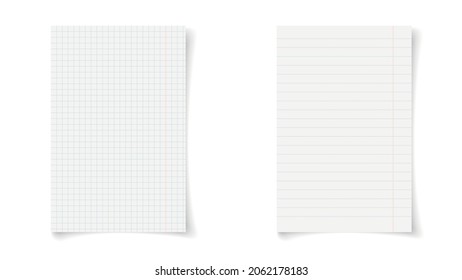 Vector illustration. Notebook sheets on white background. Sheets paper in a cage and a line. Notebook paper. EPS 10.