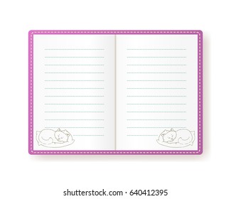 Vector illustration of notebook with sleeping kitten on a pillow. Empty lined paper. The pink cover