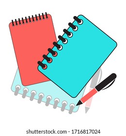 Vector illustration of notebooks and pen, flat modern style in colorful colors.