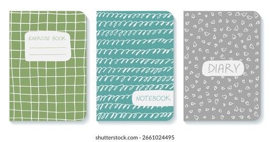 Vector illustration of notebooks with sketch-style patterns. Versatile hand-drawn graphics for learning contexts. Editable EPS format for creative templates.