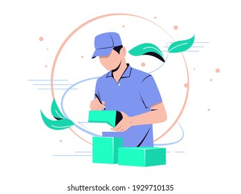 Vector illustration of noted delivery list. Man checks and notes items ready to be shipped.