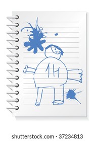 Vector illustration of notepad with children drawing and blobs,