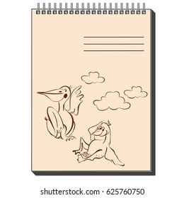 Vector illustration of Notepad with different pictures on the cover: the exciting adventures of Pelican. Cute, fun and funny children's drawings in a vector.