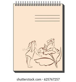 Vector illustration of Notepad with different pictures on the cover: a little girl makes friends with big bird the Pelican. Cute, fun and funny children's drawings.
