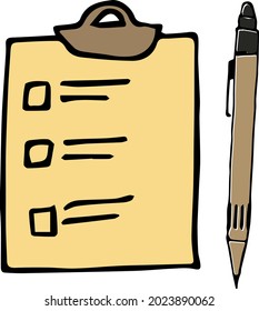 Vector illustration of notepad on the board with a pen. Hand-drawn sketch in childish style. Logo and icon design