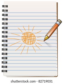 vector illustration of notepad with pencil drawning the sun